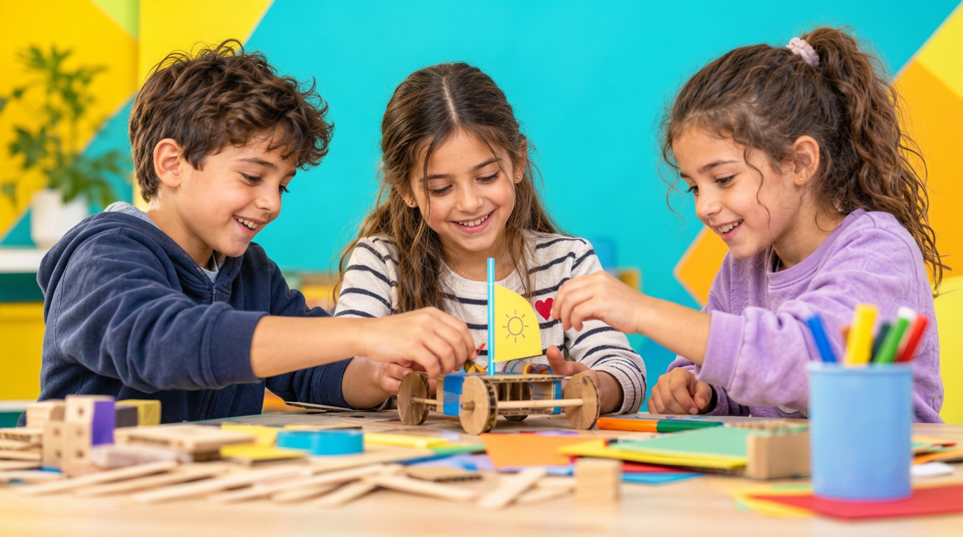 Three children building a wooden toy car together at a colourful workshop table